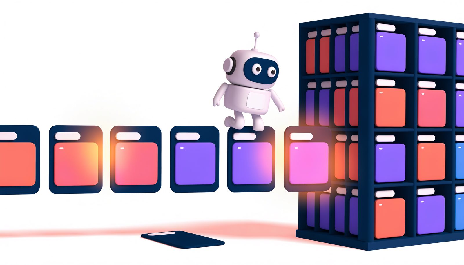 Illustration of a small robot crawler filing web pages onto a shelf while one blank page is left behind
