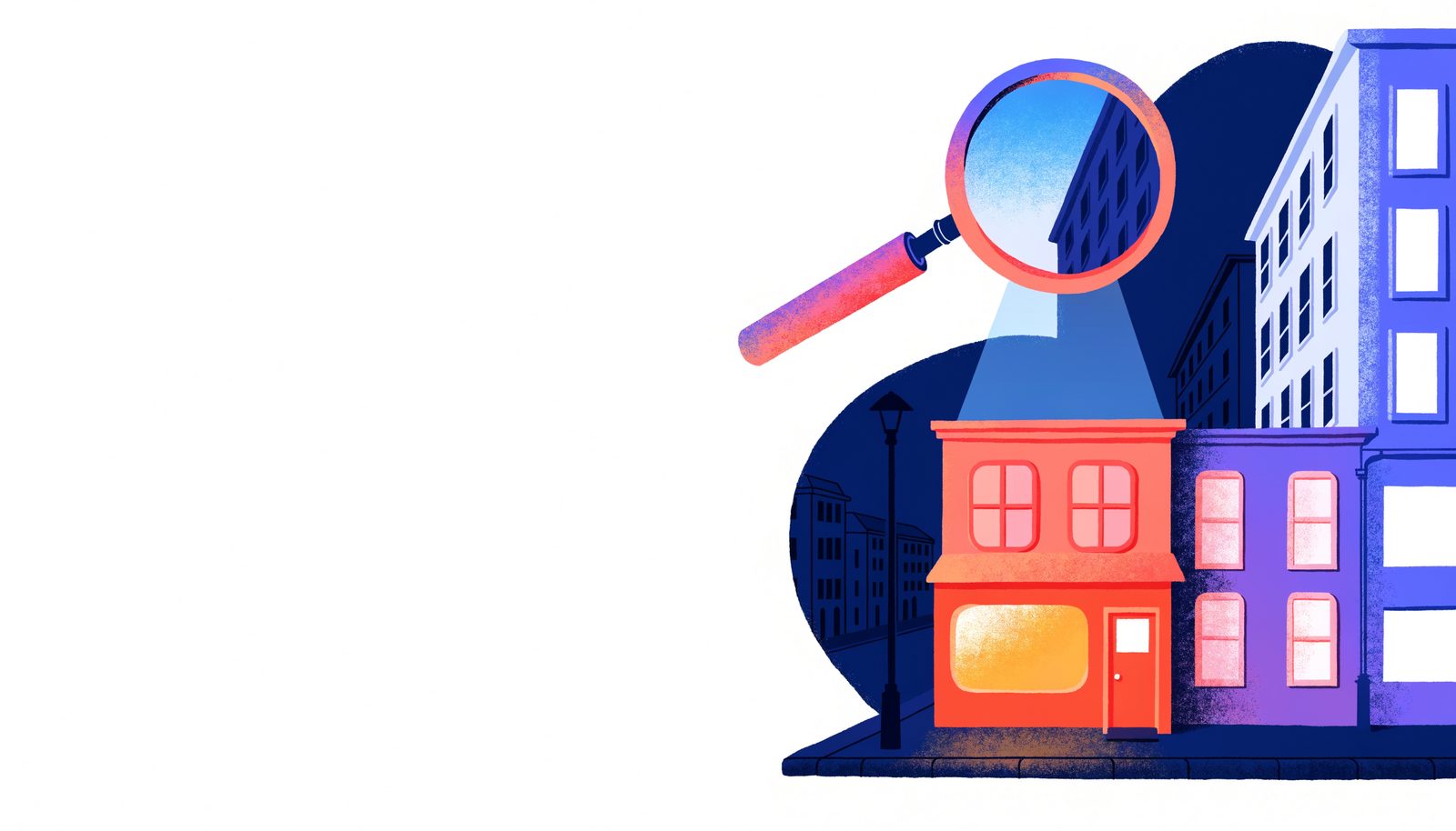 Illustration of a magnifying glass searching a high street and missing a small shop