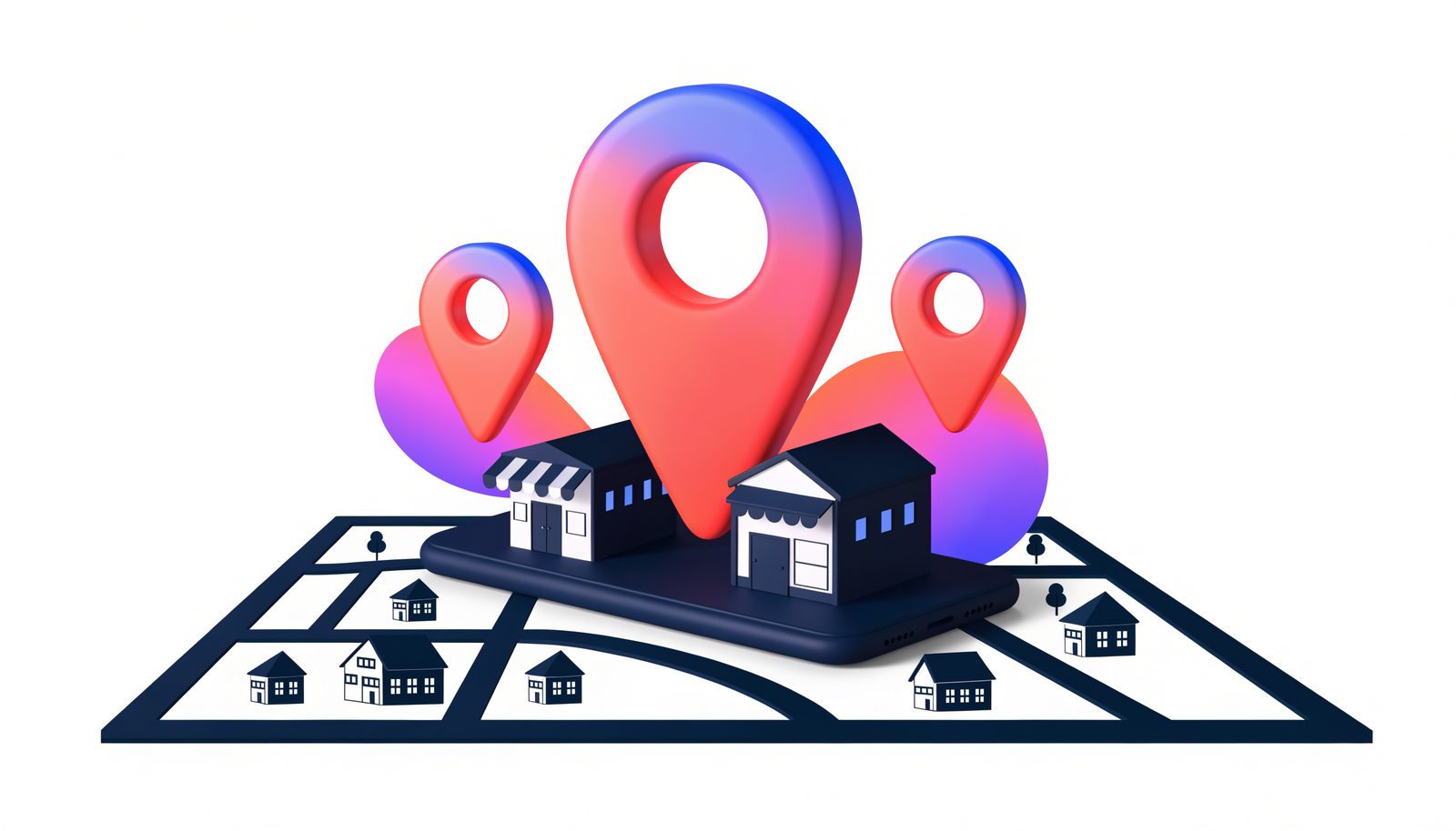 Illustration of a smartphone on a town map with location pins rising above local shops
