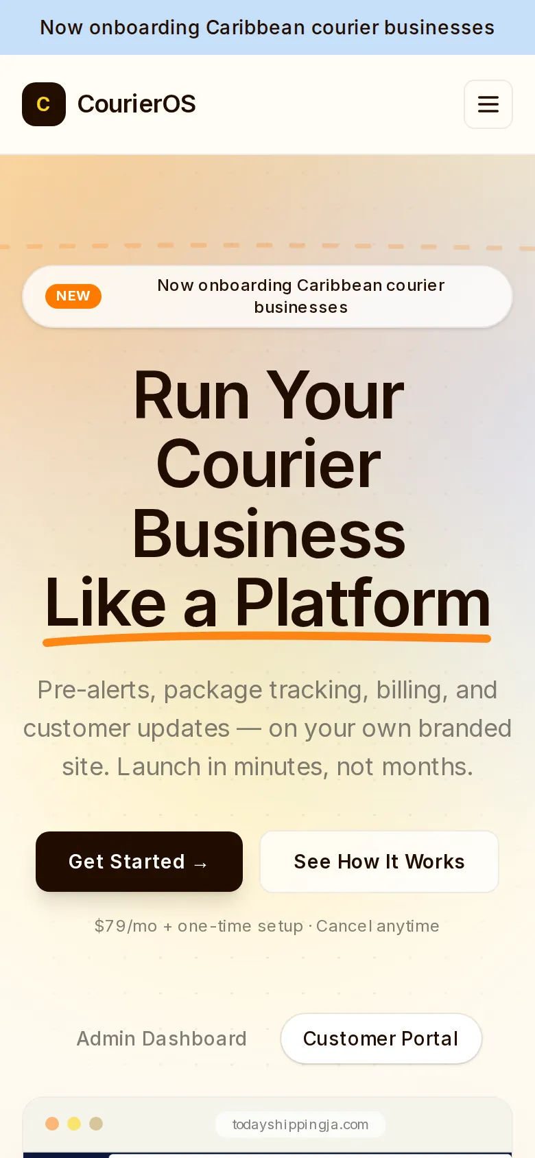 CourierOS homepage on mobile