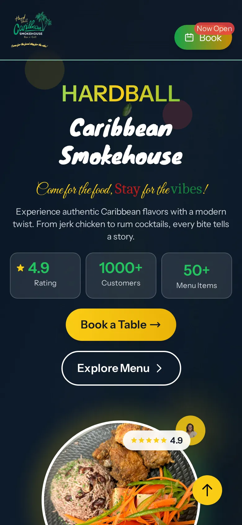 Hardball Caribbean Smokehouse homepage on mobile