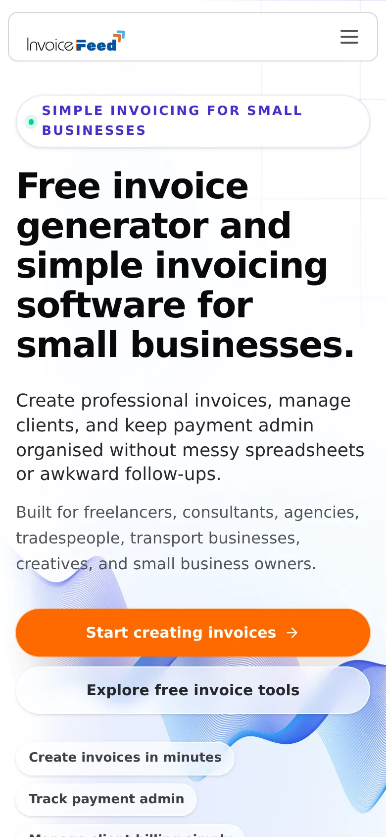 InvoiceFeed homepage on mobile